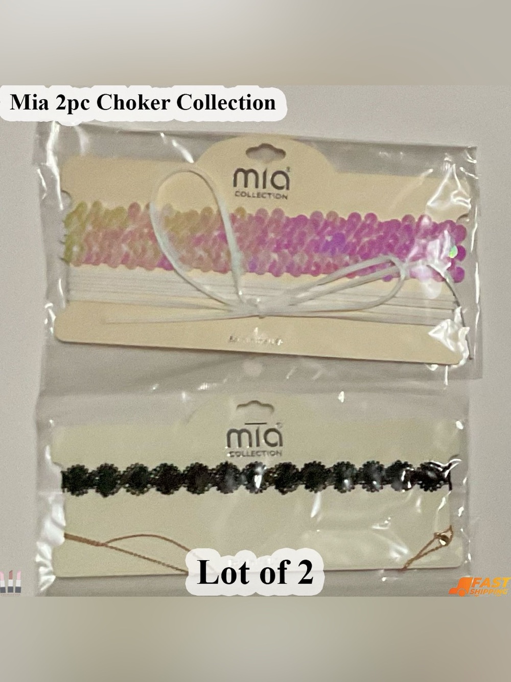 MIA Pink Sequin Ribbon & Black Scalloped Lace Choker Set